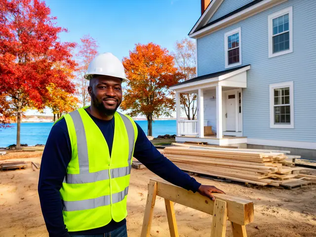 A builder in a hard hat and safety vest on a home construction site.