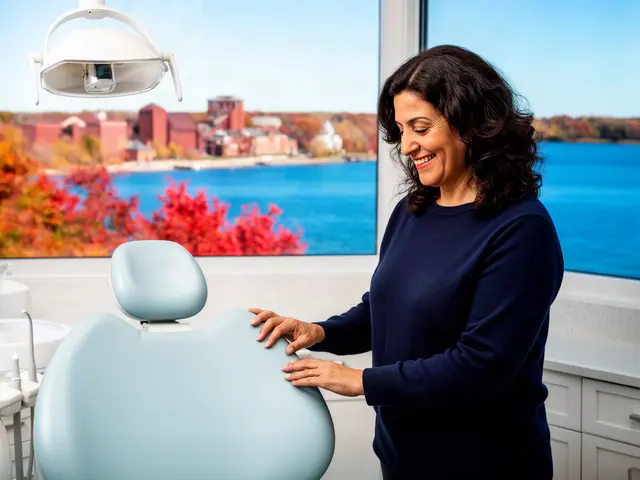A woman with dark wavy hair to her shoulders beside new equipment in a small family dental practice.
