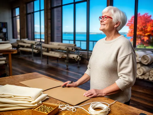 A woman with short white hair and red-framed glasses at a work table with a closed folder in a small sail-and-canvas shop.